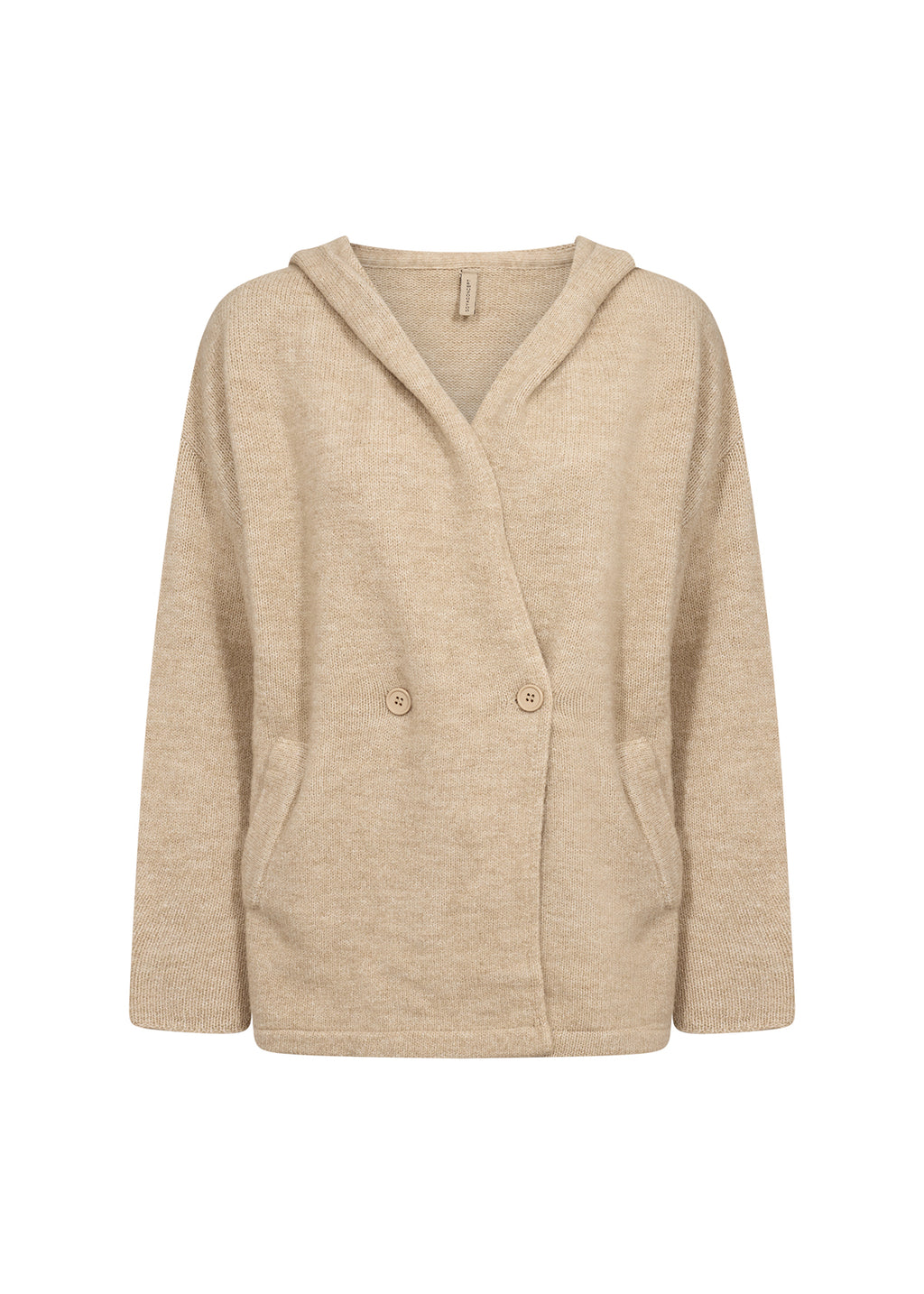 Beige Herla 4 cardigan med hette, to knapper og lommer sett forfra