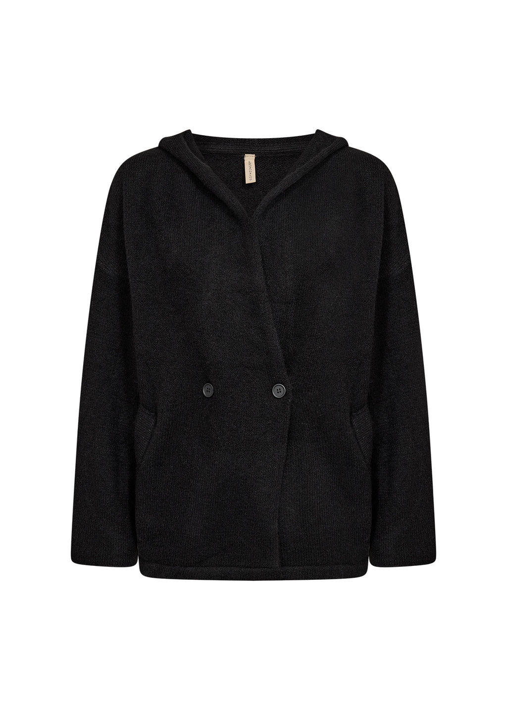 Sort Herla 4 cardigan med hette, to knapper og lommer sett forfra