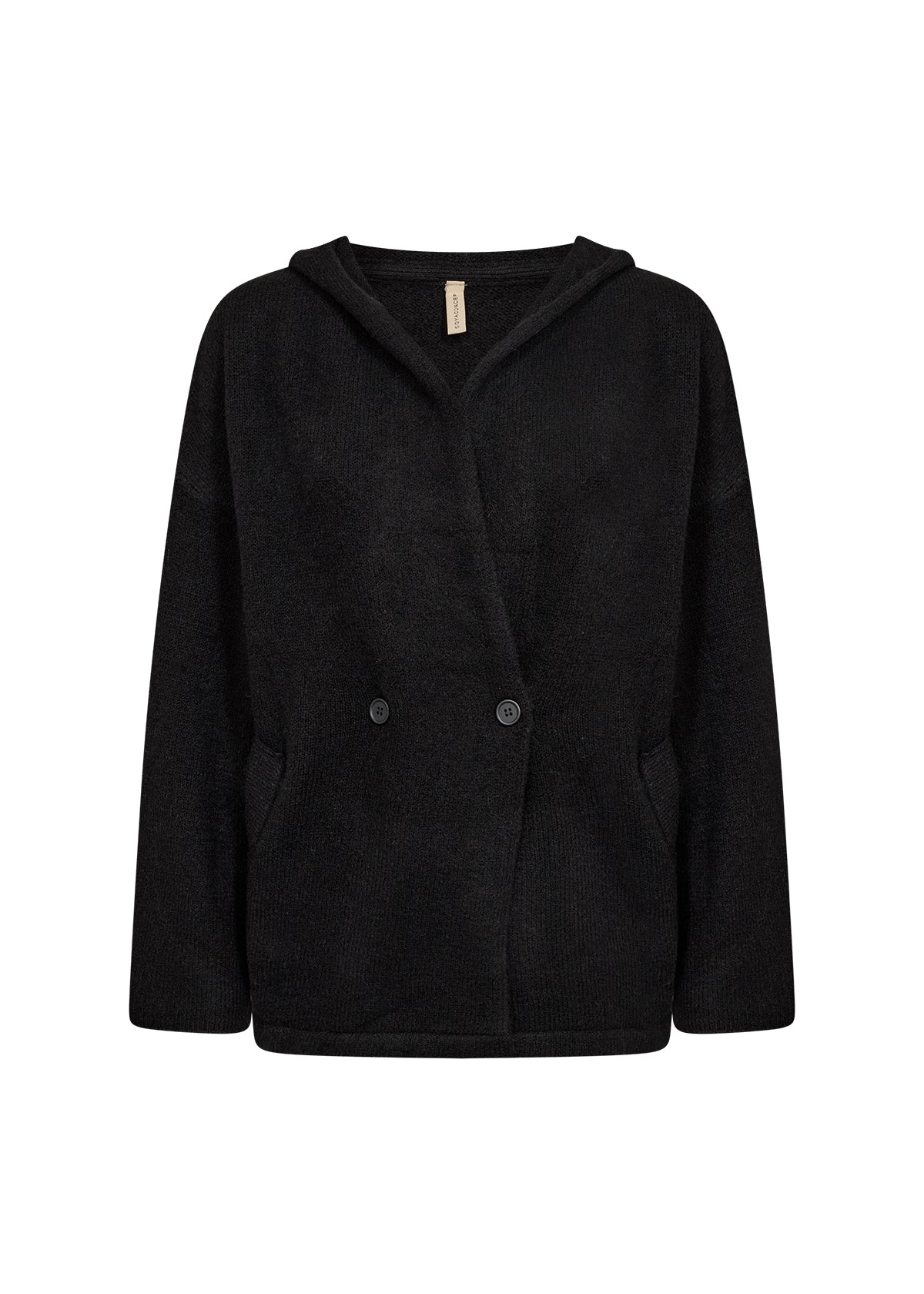 Sort Herla 4 cardigan med hette, to knapper og lommer sett forfra